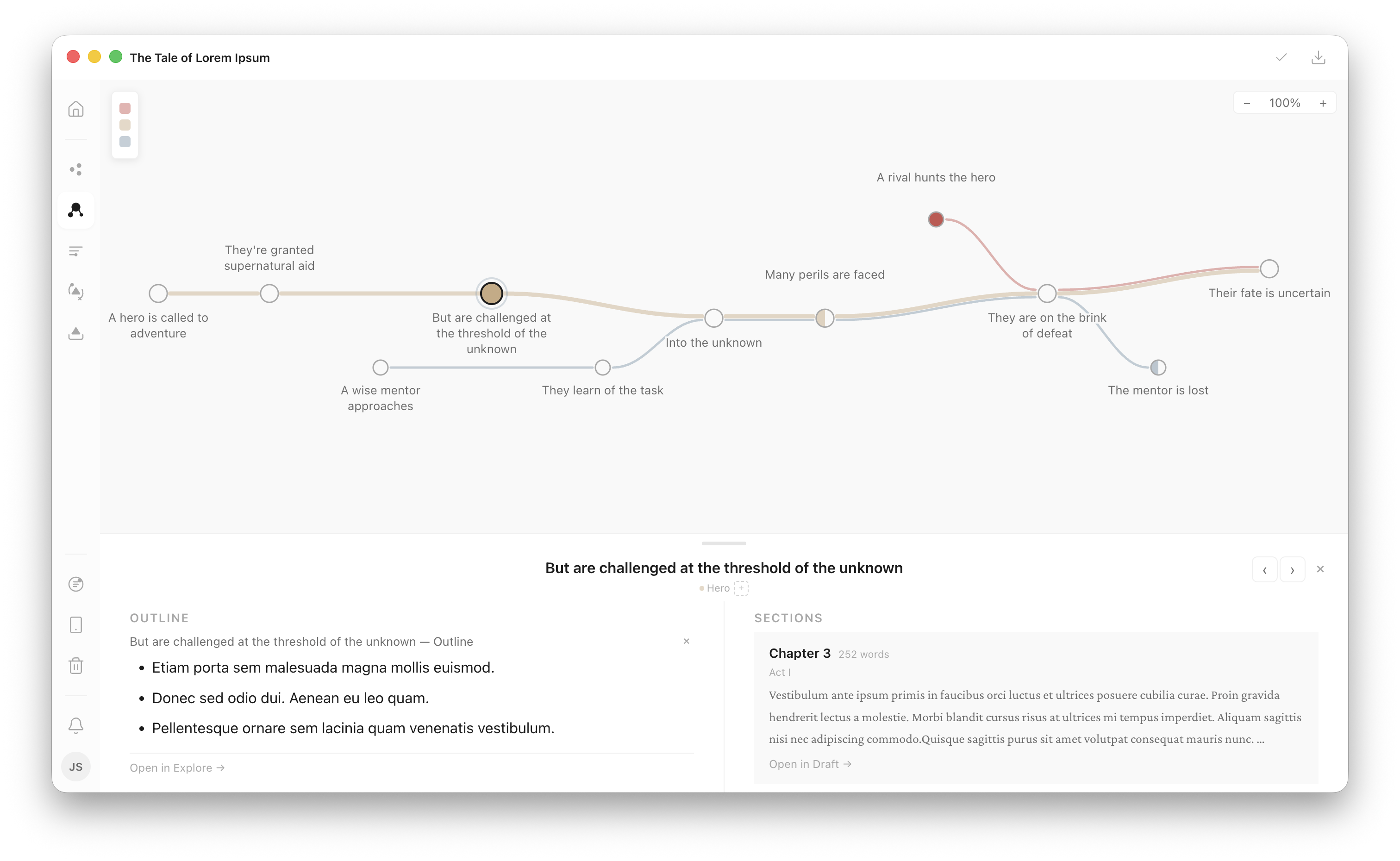 Notanem Plot mode — story beats and narrative threads on a visual canvas