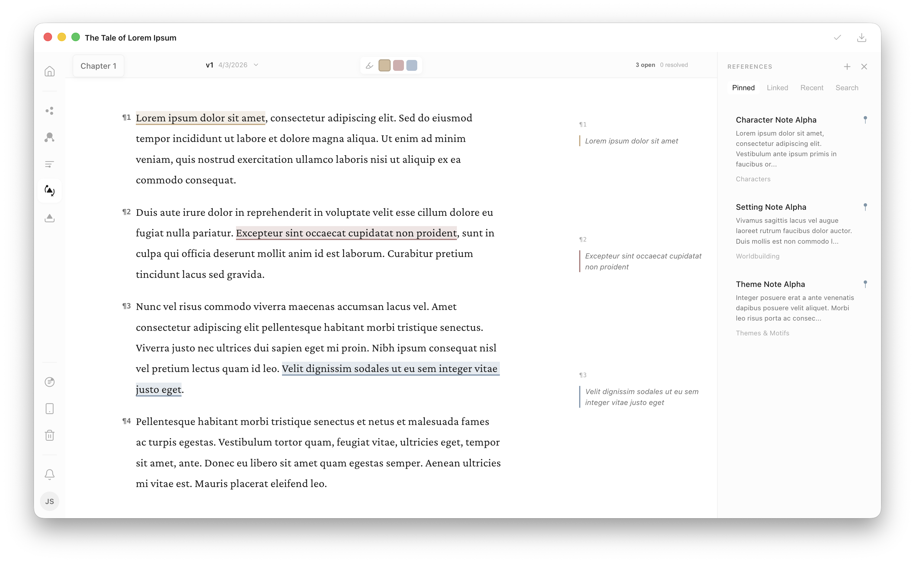 Notanem Revise mode — annotations, gutter, and pinned reference notes